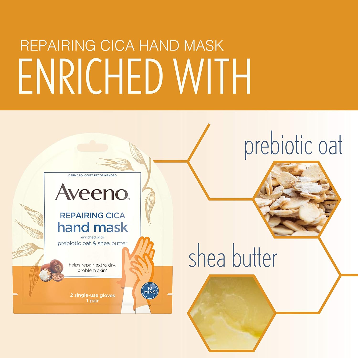 Aveeno Repairing CICA Hand Mask with Prebiotic Oat and Shea Butter for Extra Dry Skin, Paraben-Free and Fragrance-Free, 1 Pair of Single-Use Gloves : Beauty