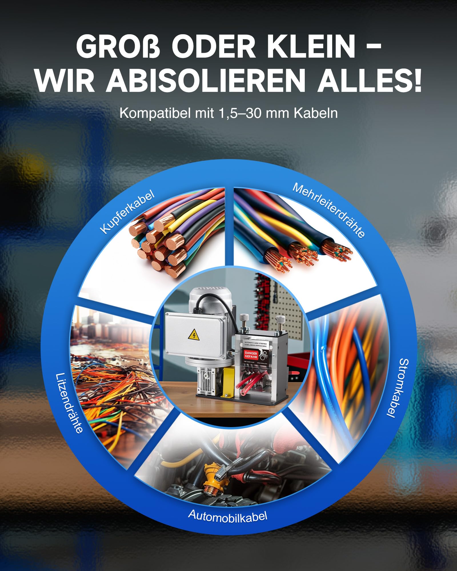 CREWORKS Elektrische Kabelabisoliermaschine 180W für 1,5-30 mm Kupferdrähte, Automatische Kabel Abisoliermaschine Abisolierzange für 0,06-1,2 Zoll Kupferdraht-Recycling, 5-Kanal-Kabelschälmaschine 6