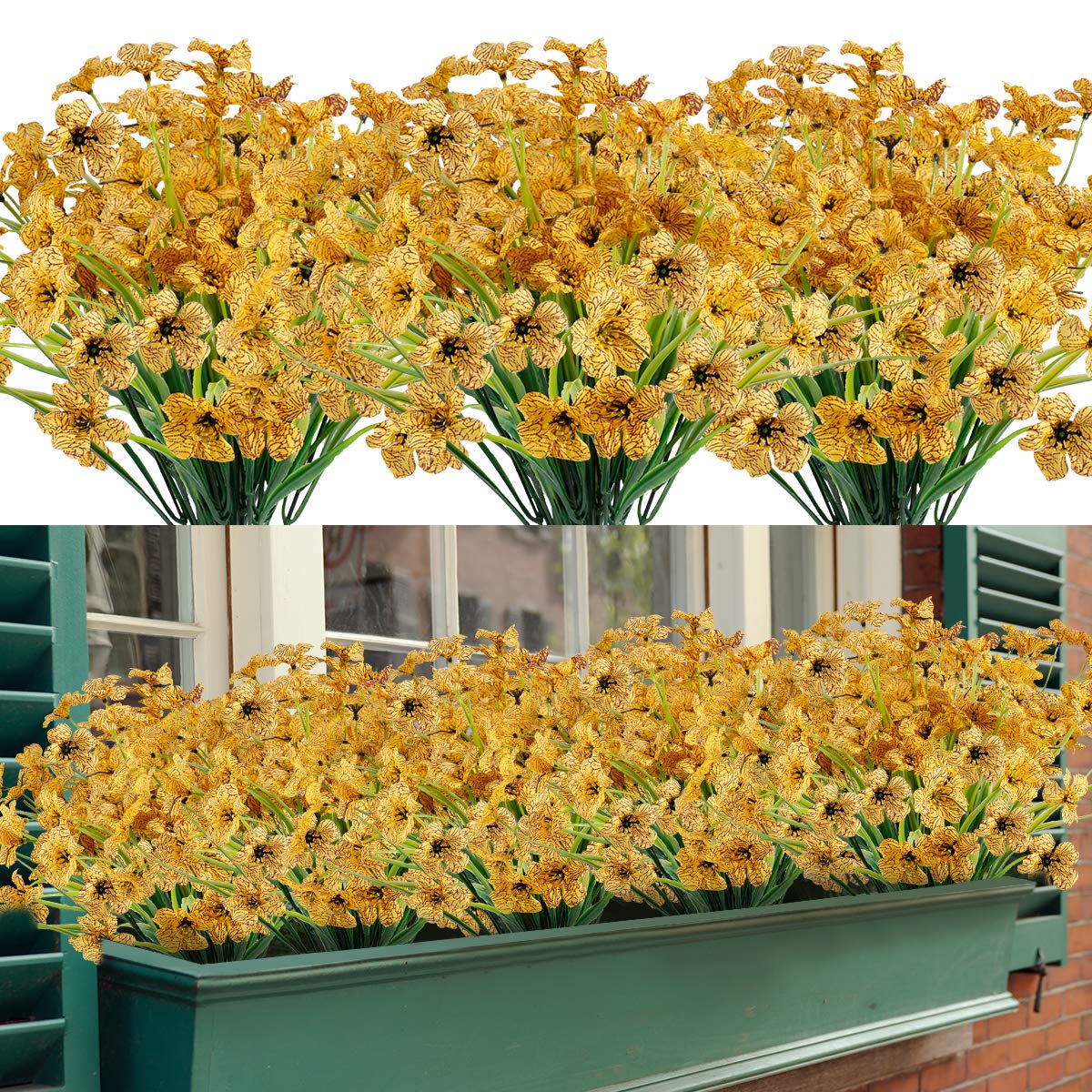 Artificial Flowers 16 Bundles Outdoor UV Resistant Fake Flowers No Fading Faux Plastic Greenery Shrubs Garden Porch Window Box Decorate (Yellow)