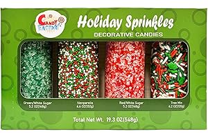 SARAH'S CANDY FACTORY Holiday Sprinkles Set 4 Count 19.3 Oz Different Types in Jar, Cake- Cookies Sprinkles For Christmas-Party, Kosher,Green&White Sugar,Nonpareils, Red&White Sugar, Tree Mix