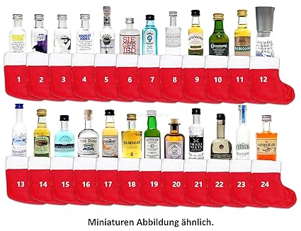 Mini Spirituosen Adventskalender Probierset - 24 verschiedene Sorten Gin / Vokda / Whiskey + 24 Socken mit Schnur zum aufhäng
