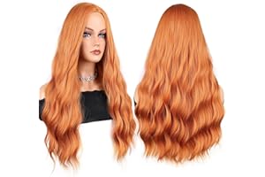 BATISI Orange Wig 26 Inches Wigs for Women Synthetic Wig Long Cosplay Wig Wavy Hair Replacement Wigs for Party Heat Resistant Middle Part