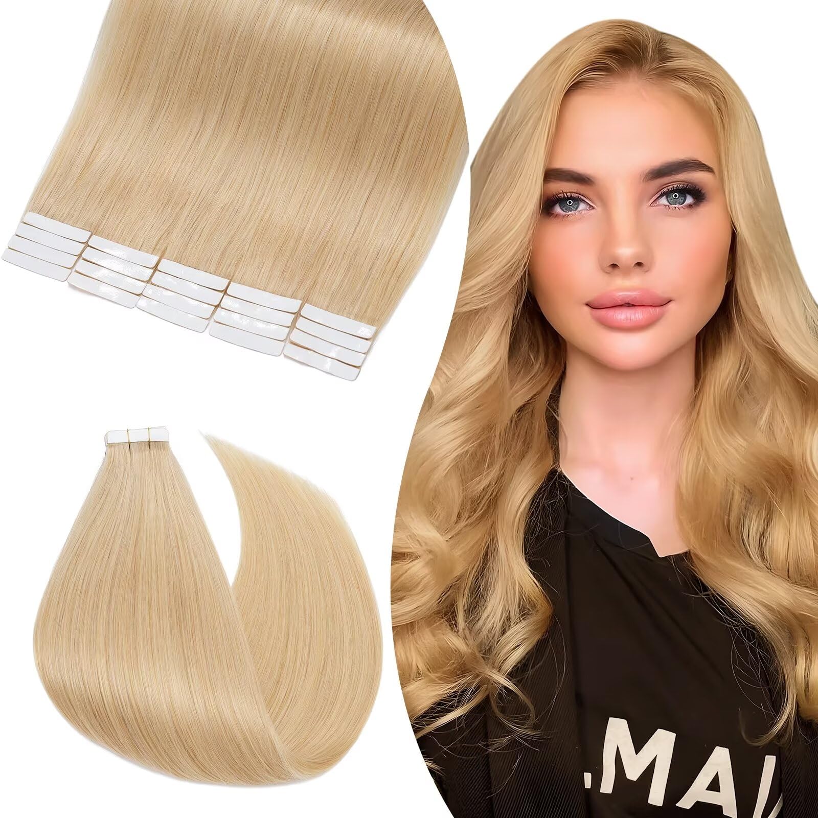 UK-Fashion-Shop 20pcs Tape Hair Extension Real Human Hair Remy Hair Extensions Straight Skin Weft Seamless Natural Blonde 24 14inch40g — image 1