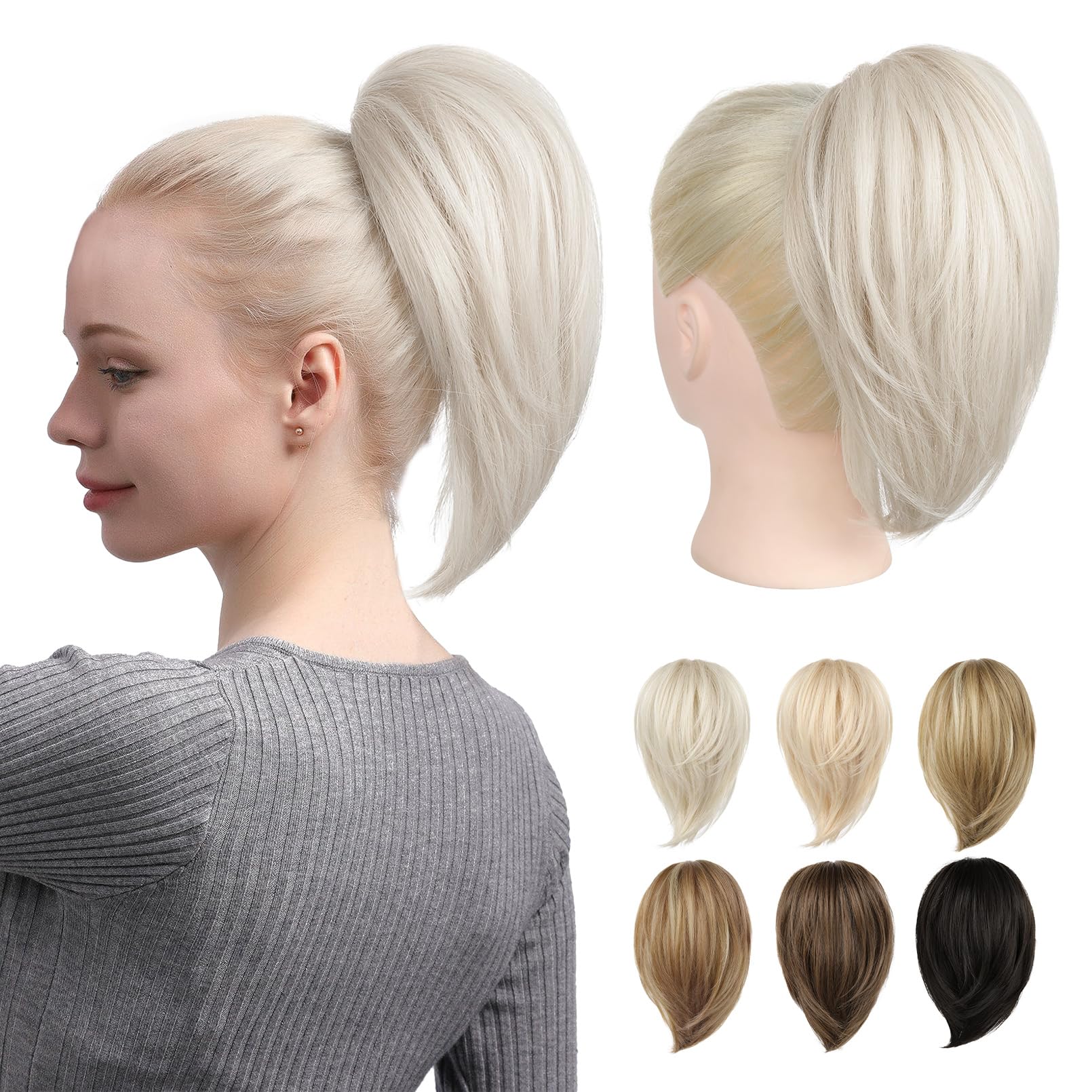 REECHO Ponytail Extension，Claw Clip Hair Bun Hair Piece Short Straight Ponytail Hair Extensions Messy Hair Bun Natural Synthetic Fake Ponytail Hair Pieces for Women- Platinum Blonde