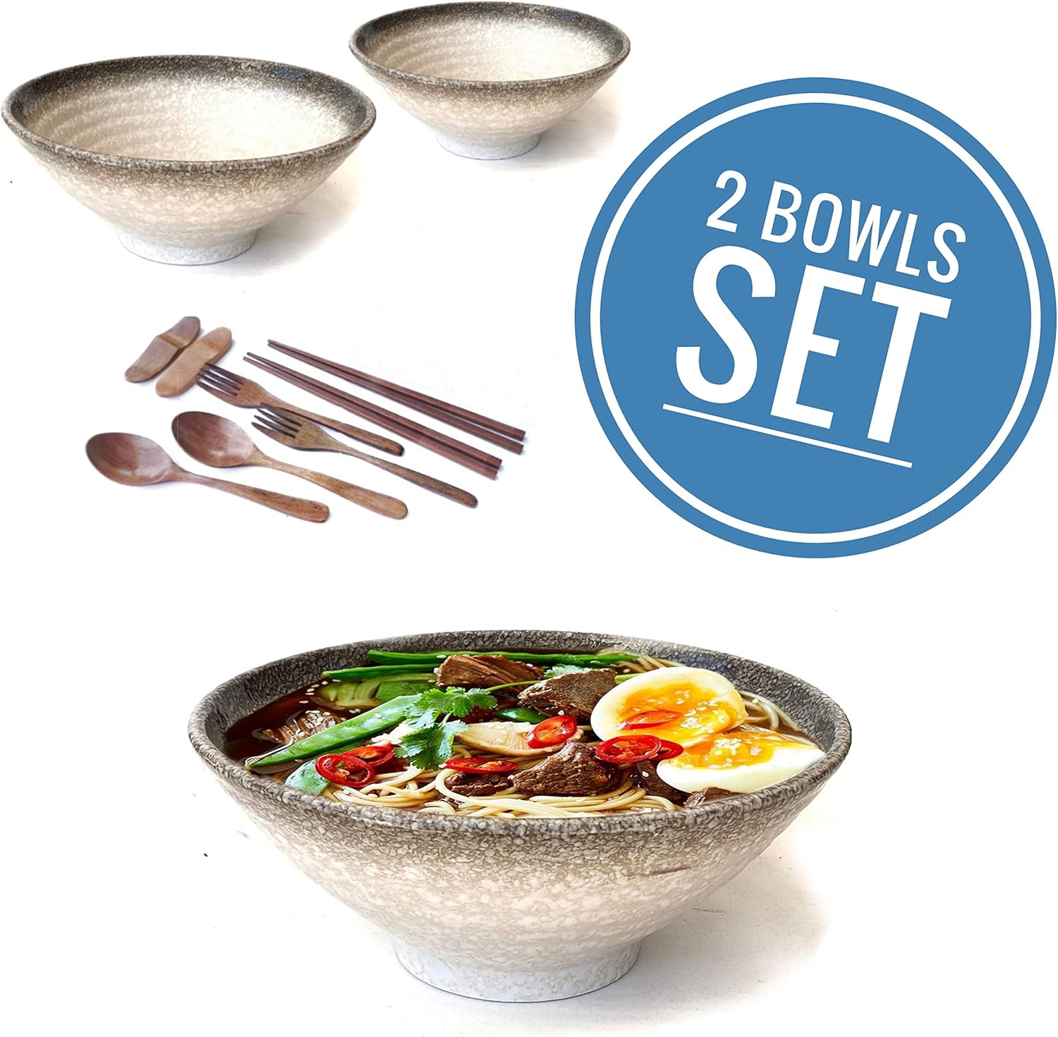 2 Set (10 Pieces) Ceramic Ramen Bowl Set, Pho Bowls Asian Japanese With