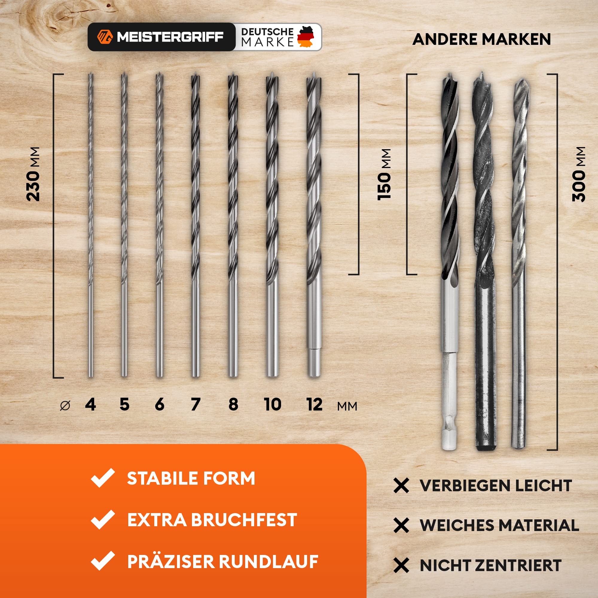MEISTERGRIFF® Holzbohrer Set lang [7 Stück] - Extra scharfe Bohrer - Stabiles & bruchfestes Schlangenbohrer - Ø 4, 5, 6, 7, 8, 10, 12 mm 3