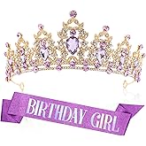 RGHSZ Birthday Crown Headband and Tiara - Adult Purple Crystal Crown with Sash