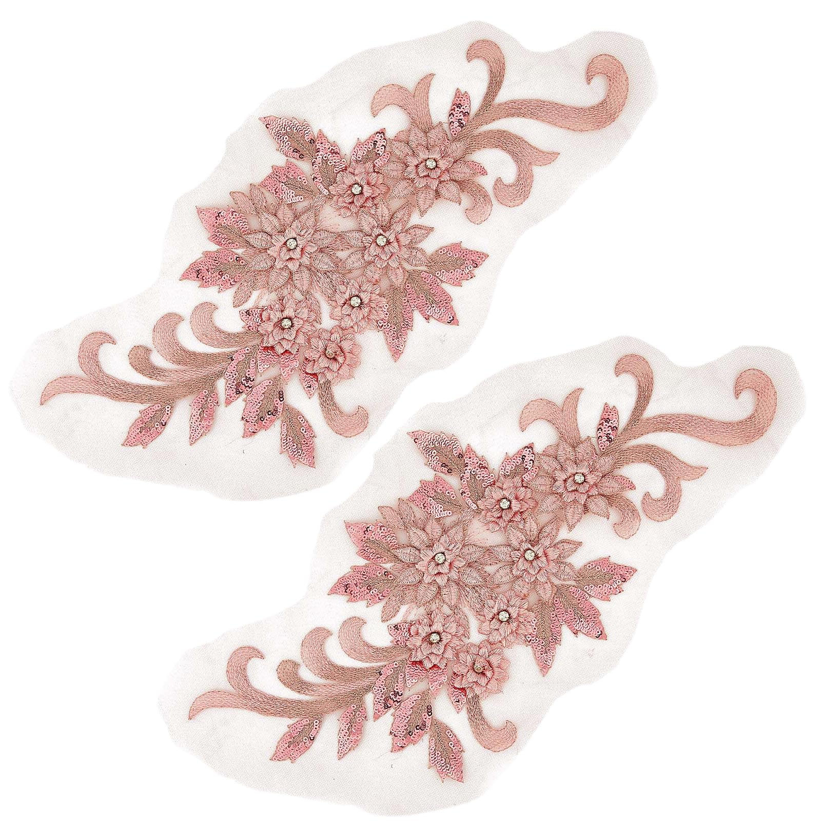 CABODYALS 2Pcs 3D Floral Embroidery Applique Nylon Crystal Beaded Lace Appliques Pink Rhinestone Sequin Flower Sew on Patches Tulle for Sewing Making Dress Bridal Clothing Crafts Decor Supplies
