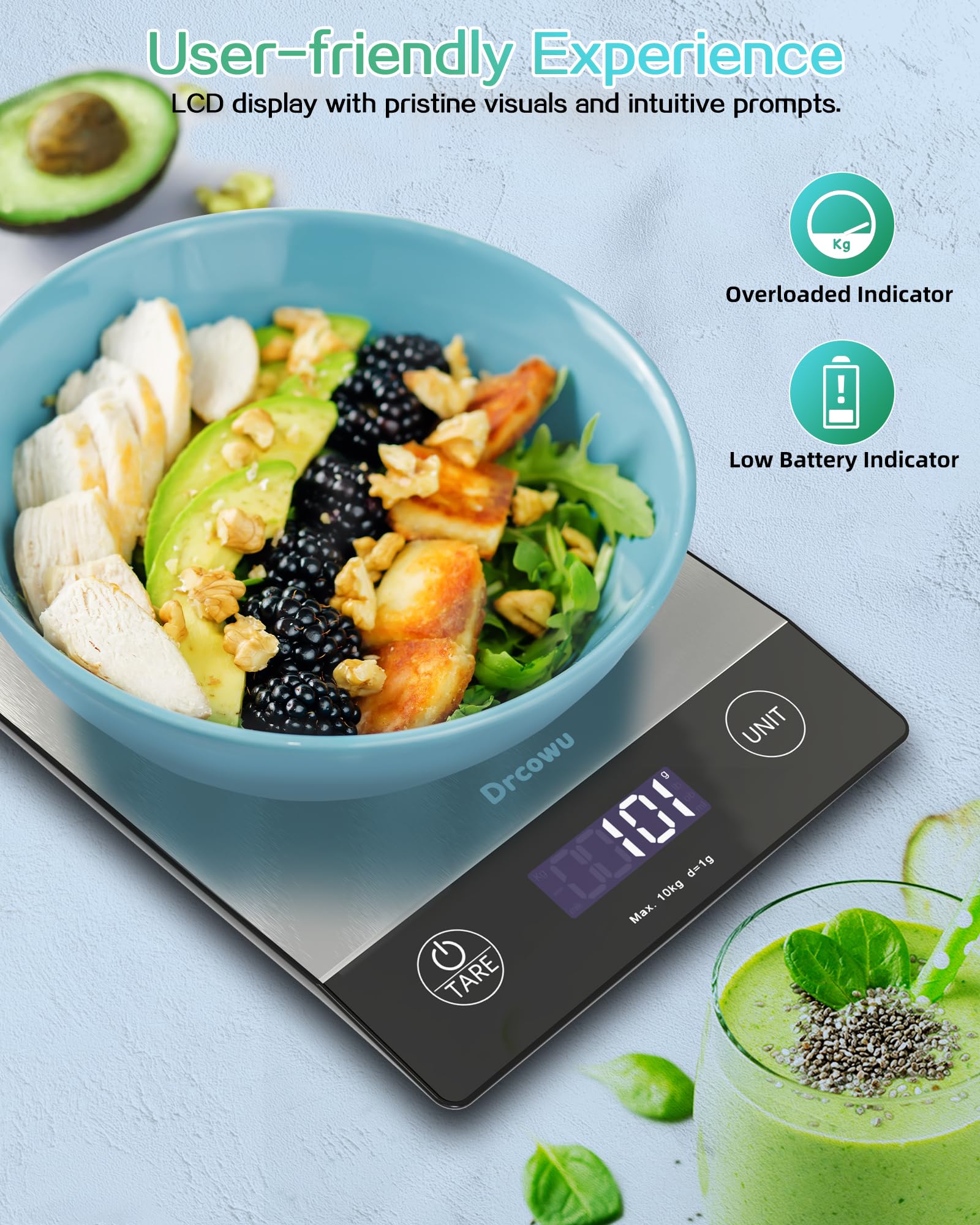 Drcowu Küchenwaage Digitale 10 kg, Waage küche Digital mit LCD-Anzeige, Multifunktions-Lebensmittelwaage, Hohe Präzision auf bis zu 1g, Tara-Funktion, 6 Einheiten, zum Kochen Backen 6