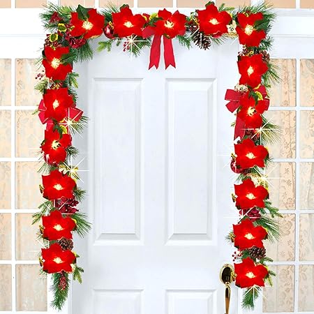 Stella Di Natale Decorazione.Yqing 198cm Poinsettia Natale Ghirlanda Fiore Stella Di Natale Led Ghirlanda Natalizia Fiori Con Bacche Rosse E Foglie Di Agrifoglio Per La Decorazione Della Porta D Ingresso Per Le Vacanze Di Natale Amazon It