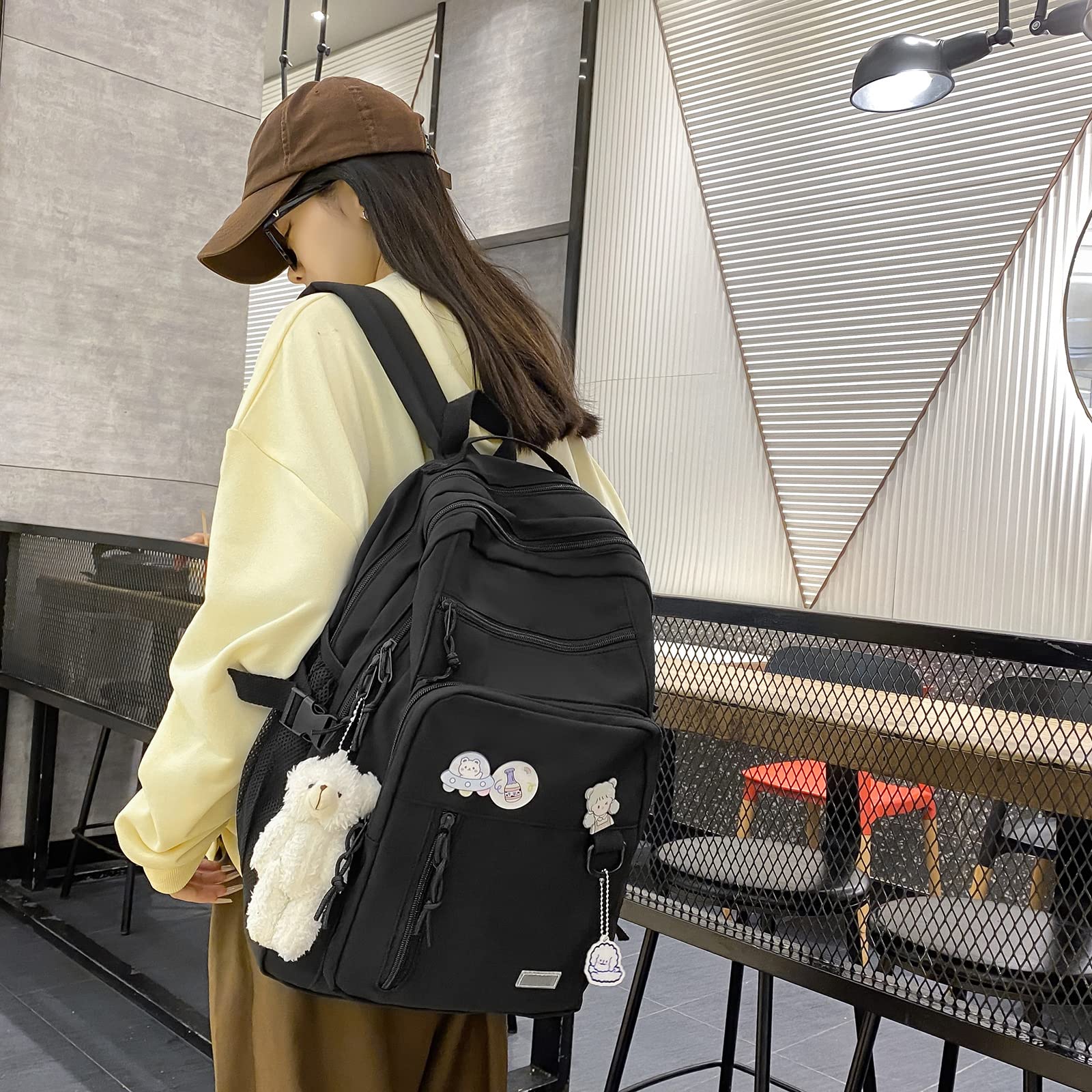 GAXOS Cute Aesthetic Backpack for School Middle Student Travel Black Backpack Teens Girls Bear Pin Book Bags