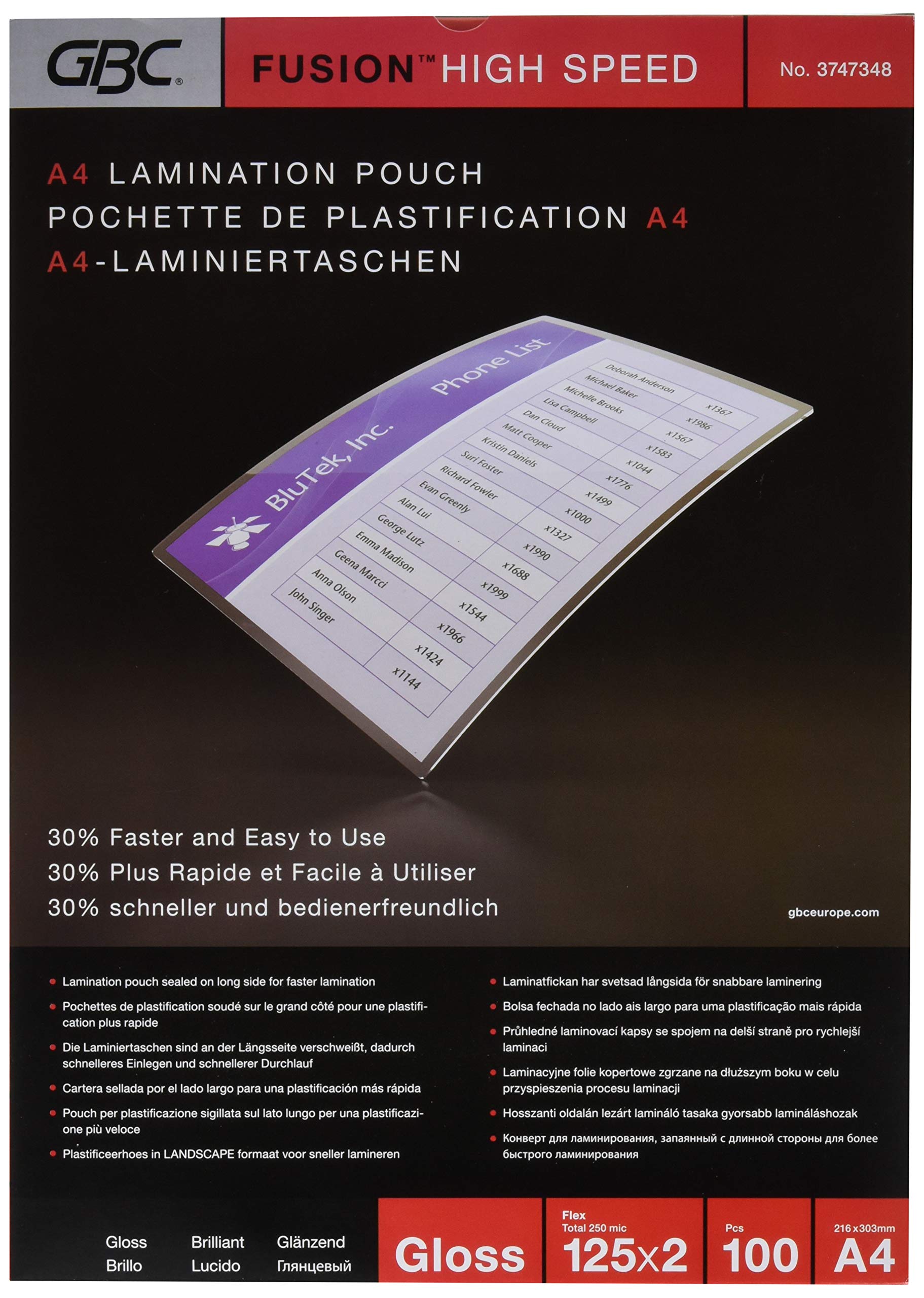GBC A4 2x125 Micron HighSpeed Gloss Laminating Pouches, Pack of 100, 3747348