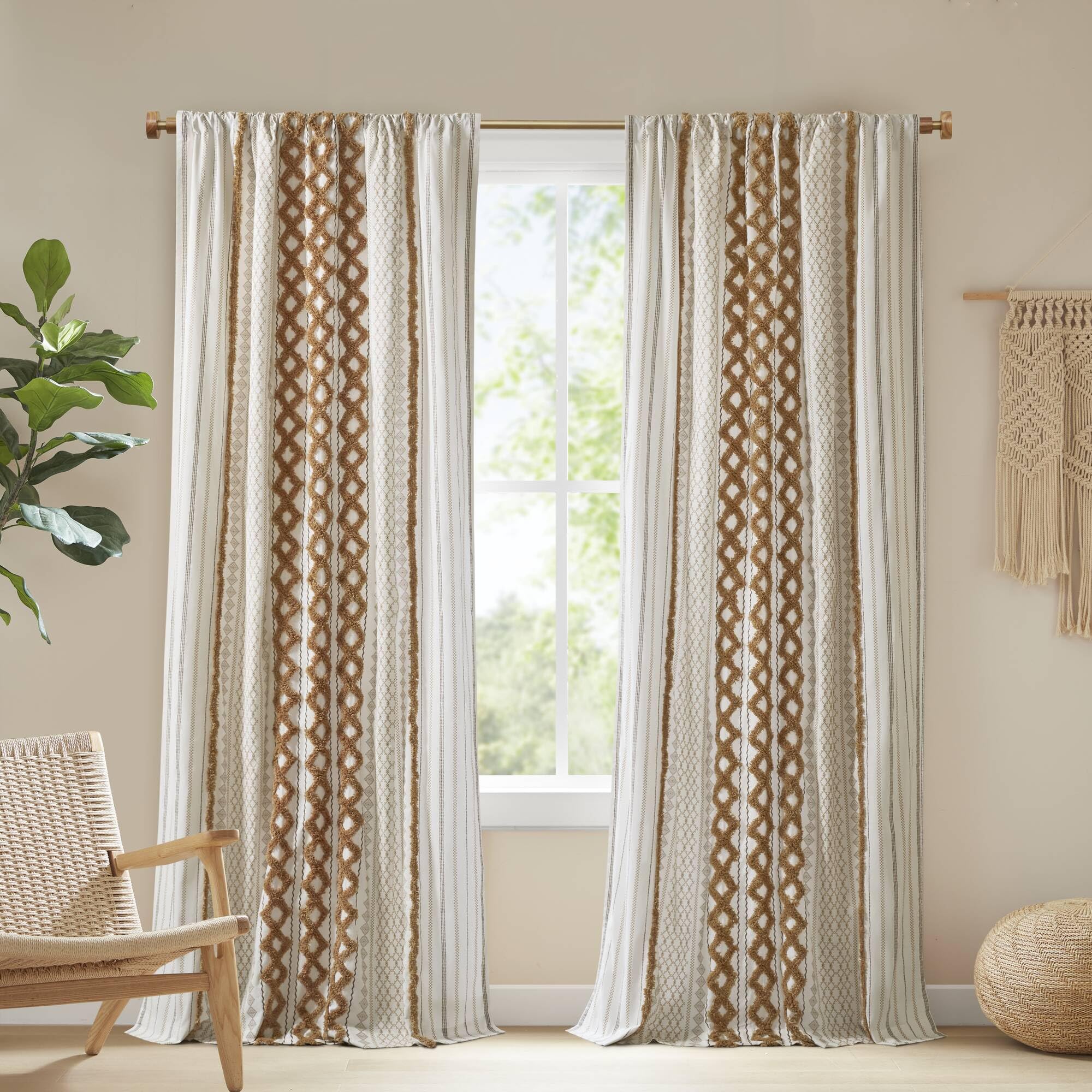 Ink+Ivy Boho Curtains for Bedroom Single Panel Window Curtains for Living Room, 100% Cotton Tufted Chenille Stripe Modern Farmhouse Curtains Light Filtering Drapes for Bedroom, 50" x 84", Terracotta Image