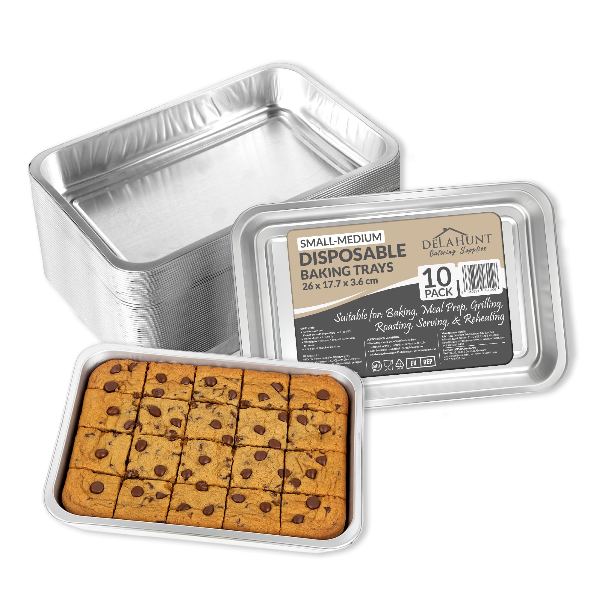 Small-Medium Disposable Baking Trays [10 Pack] - Heavy-Duty Aluminium Foil Tray Bakes (26 x 17.7 x 3.6 cm) | Oven, BBQ, Fridge & Freezer Safe | UK-Made Recyclable Tins for Cooking, Roasting & Catering
