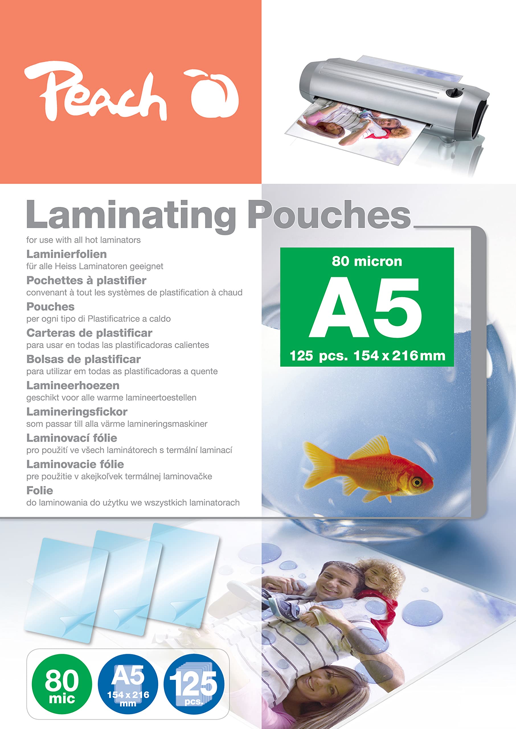 Peach Laminating Pouches A5-80 mic - 125 Pouches - Glossy - Premium Quality for Best Laminating Results - Compatible with Devices of All Brand Manufacturers - PP580-03P