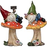 TERESA'S COLLECTIONS Garden Gnomes on Mushroom, Set of 2 Cute Resin Gnome Statues for Yard, Outdoor Patio Porch Lawn, Ideal Gift for Dad Mom Birthday, Outside Decor Housewarming Gifts