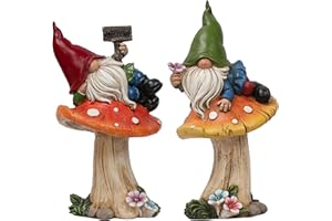 TERESA'S COLLECTIONS Resin Statues for Yard, Set of 2 Cute Garden Gnomes on Mushroom Statues for Outdoor Patio Porch Lawn, Ideal Gift for Dad Mom Birthday, Outside Decor Housewarming Gifts, 6.7"