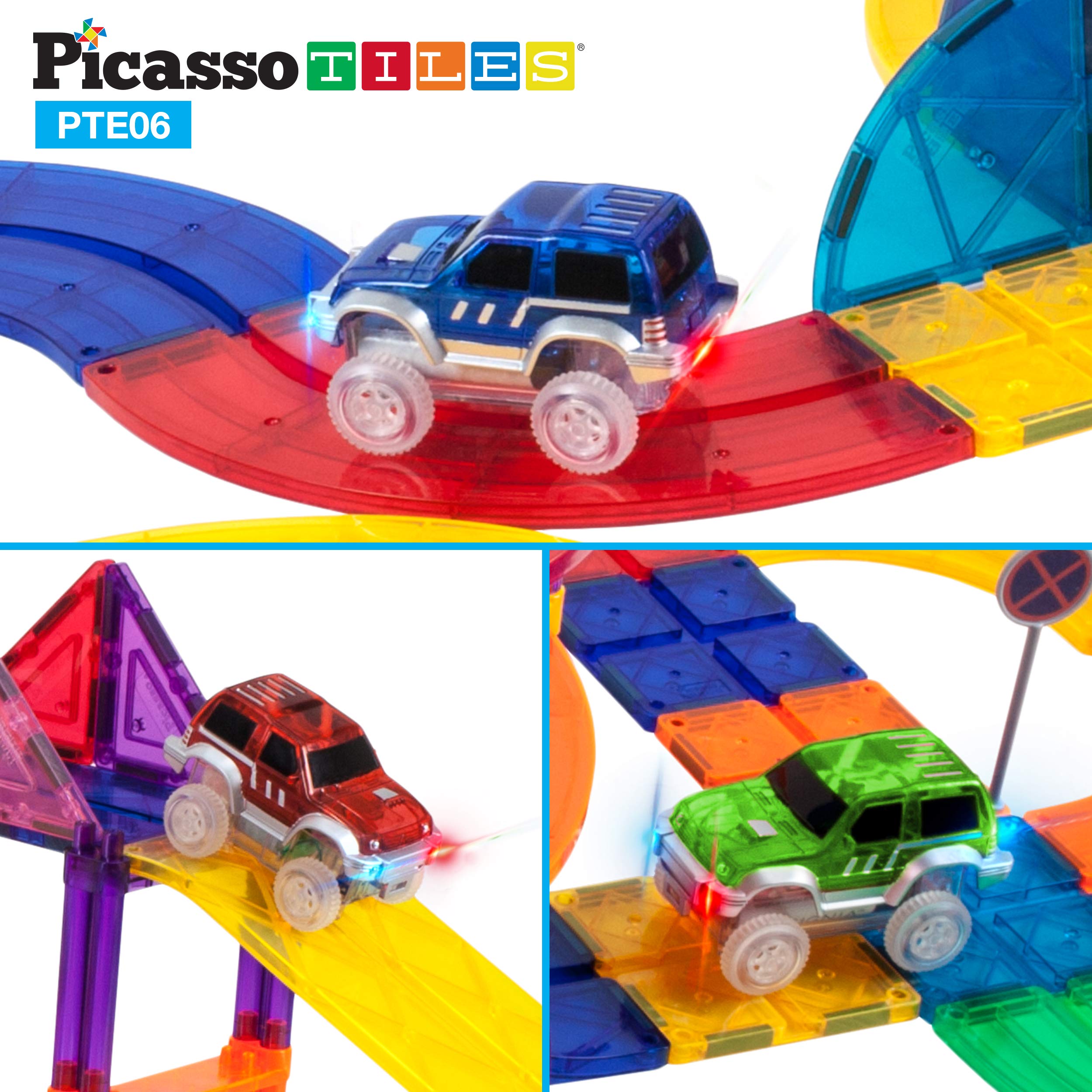 PicassoTiles 3 Magnetic Toy Cars Set Light Up LED Highly Detailed Compatible with Magnet Car Race Track STEM Truck Replacement Accessories Educational Building Kits for Toddlers Boys & Girls Ages 3+