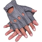 Gloves 007 Driving Half Finger Finger Less Knuckle Holes For Men Genuine Leather (Large, Grey)