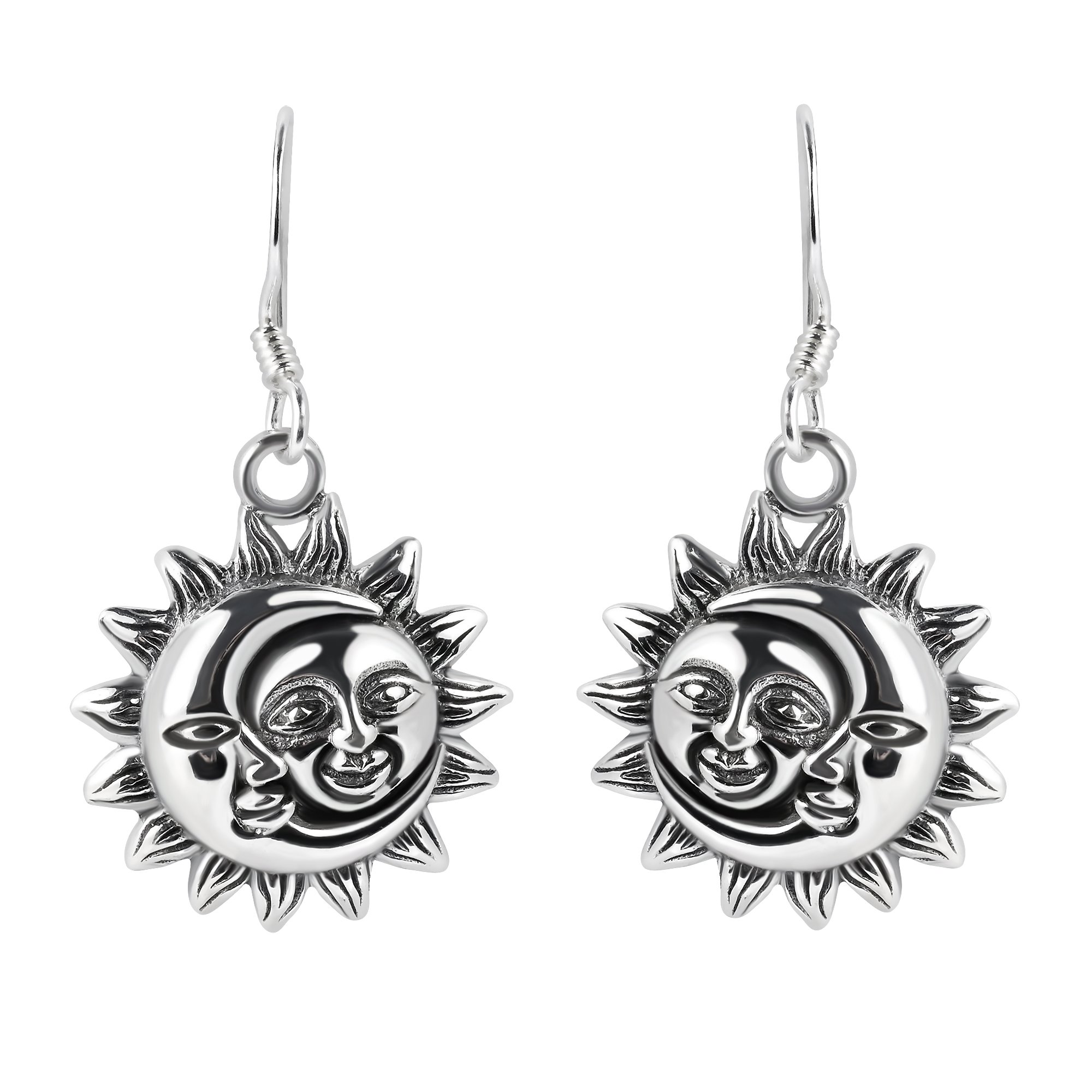 Glinting Celestial Sun And Moon .925 Sterling Silver Dangle Earrings