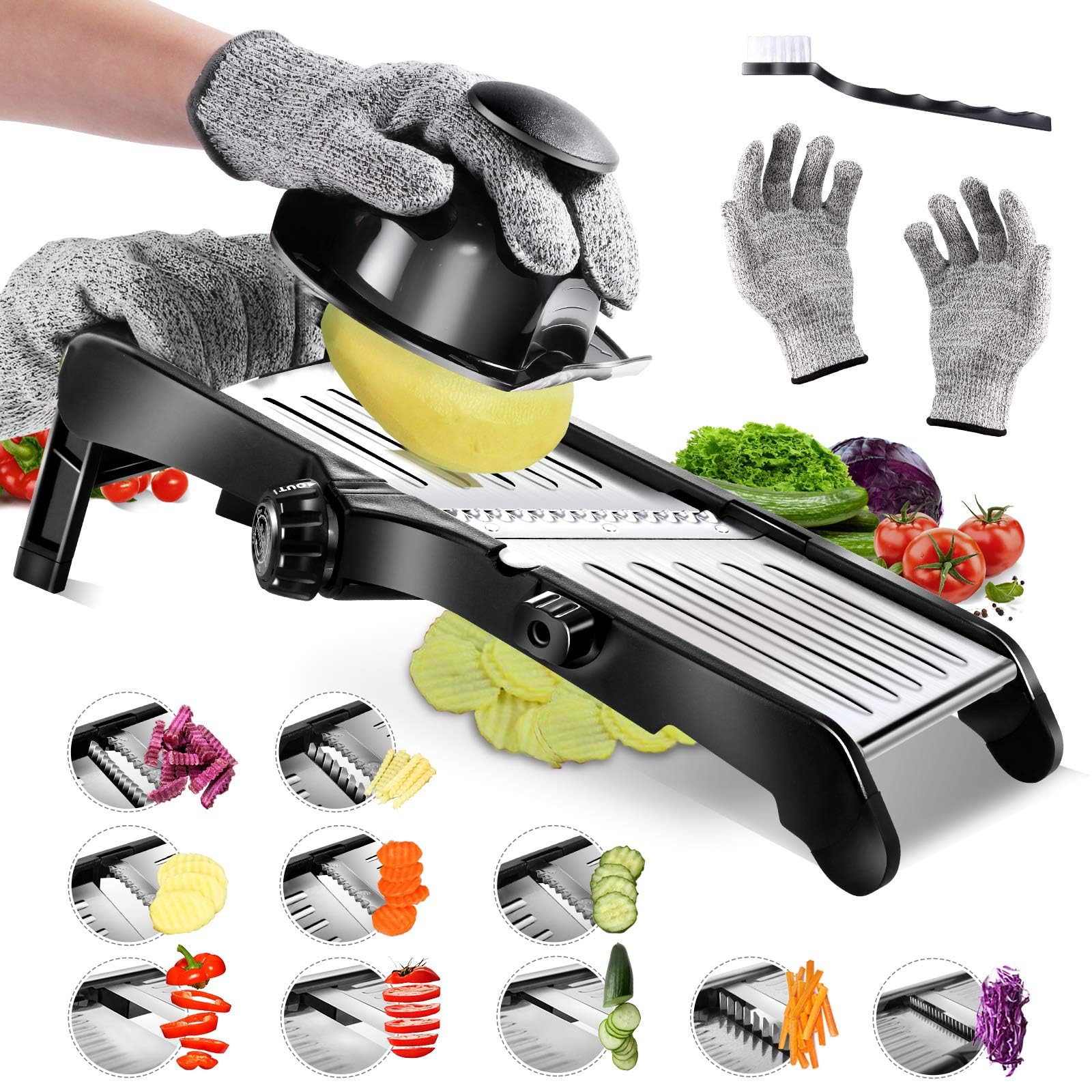 Photo 1 of Masthome Mandoline Food Slicer, Adjustable Stainless Steel Vegetable Slicer for Cheese, Zucchini, Carrots, Fruits, Vegetable Chopper with Cleaning Brush and Gloves