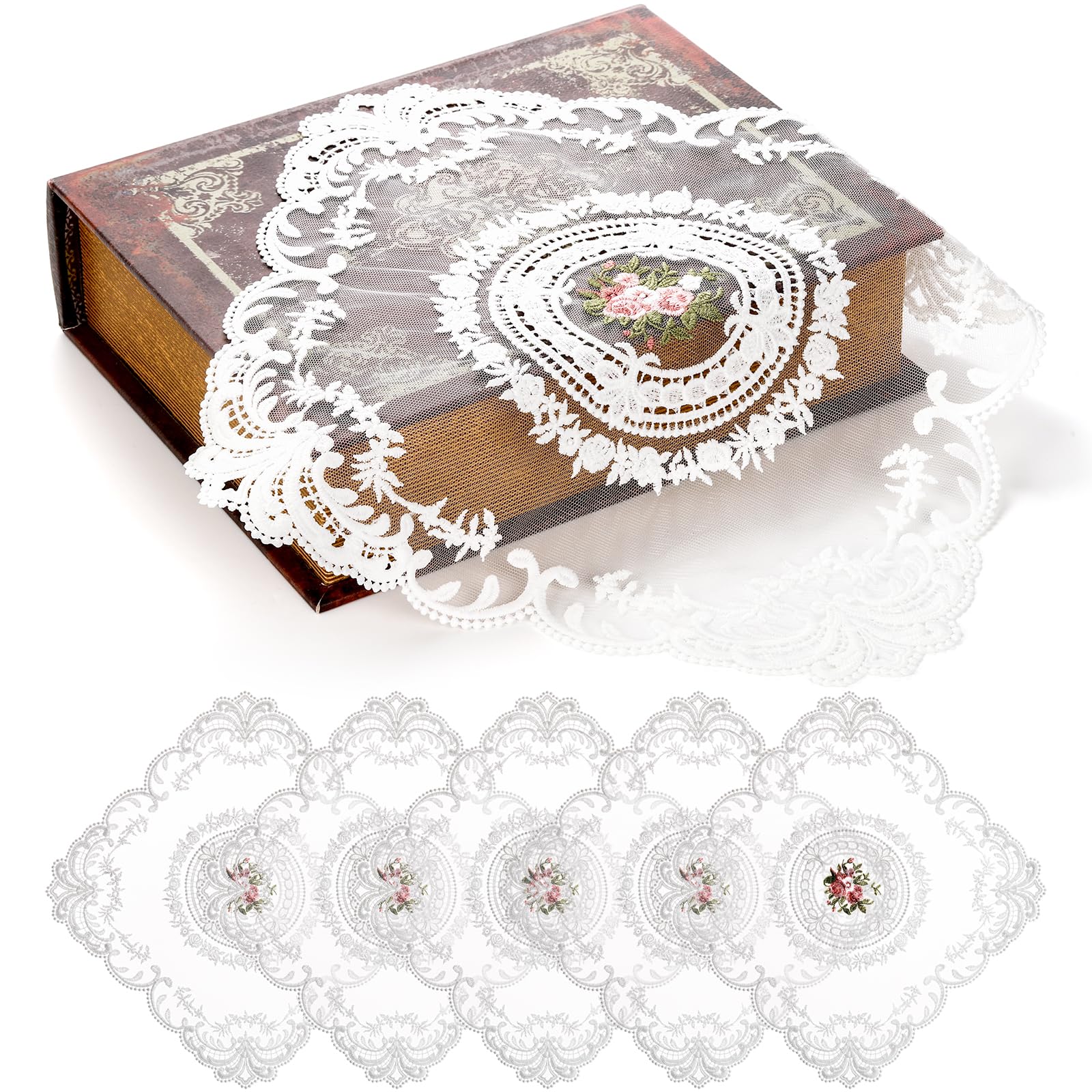 AVLA 6 Pack Lace Placemats, Retro French Style Cup Mat, Embroidered Dinning Table Place Mats, Fashionable Flower Vintage Crochet Lunchmat Doilies, Square Hollow Vase Mat for Home Wedding Decoration