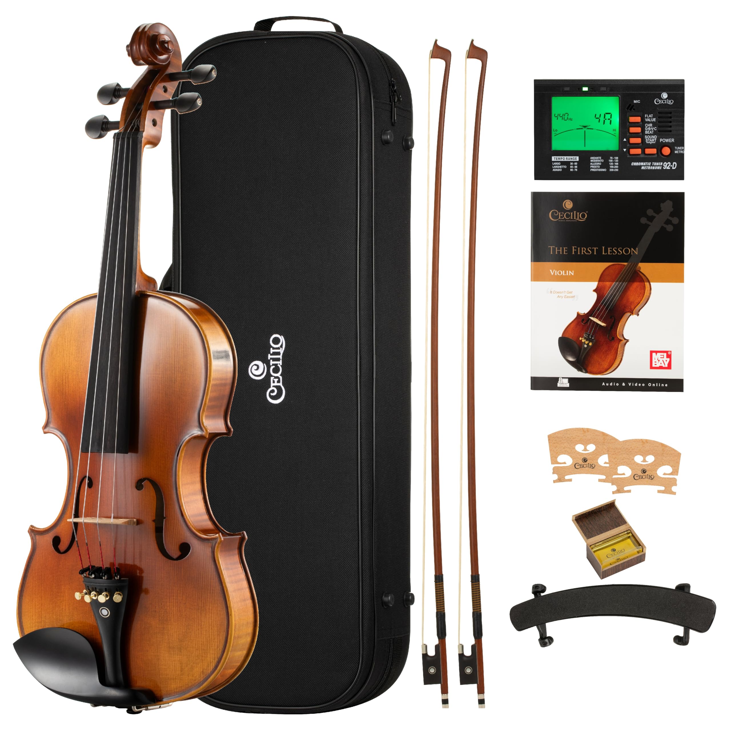 Cecilio Violin 4/4 Full Size Kit Hand Oil Rub Highly Flamed 1-Piece Back Solidwood Violin with D'Addario Prelude Strings, Size 4/4 (Full Size)