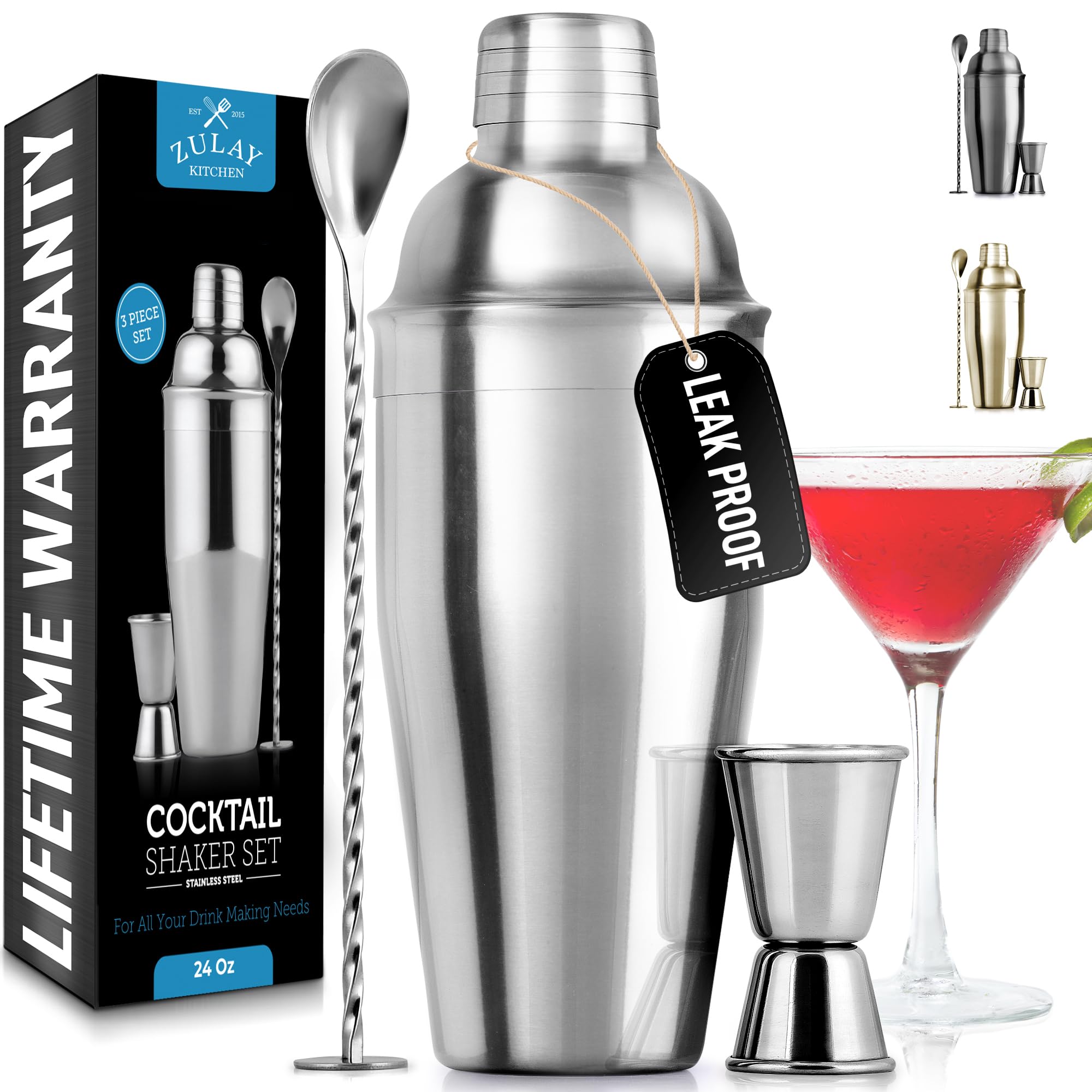 24oz 750ml Cocktail Shaker Set Stainless Steel, Martini Shaker Set With Built In Strainer, Double Sided Jigger & Combo Muddler Mixing Spoon - Mixed Drink Shaker - Pro Margarita mixer - By Zulay