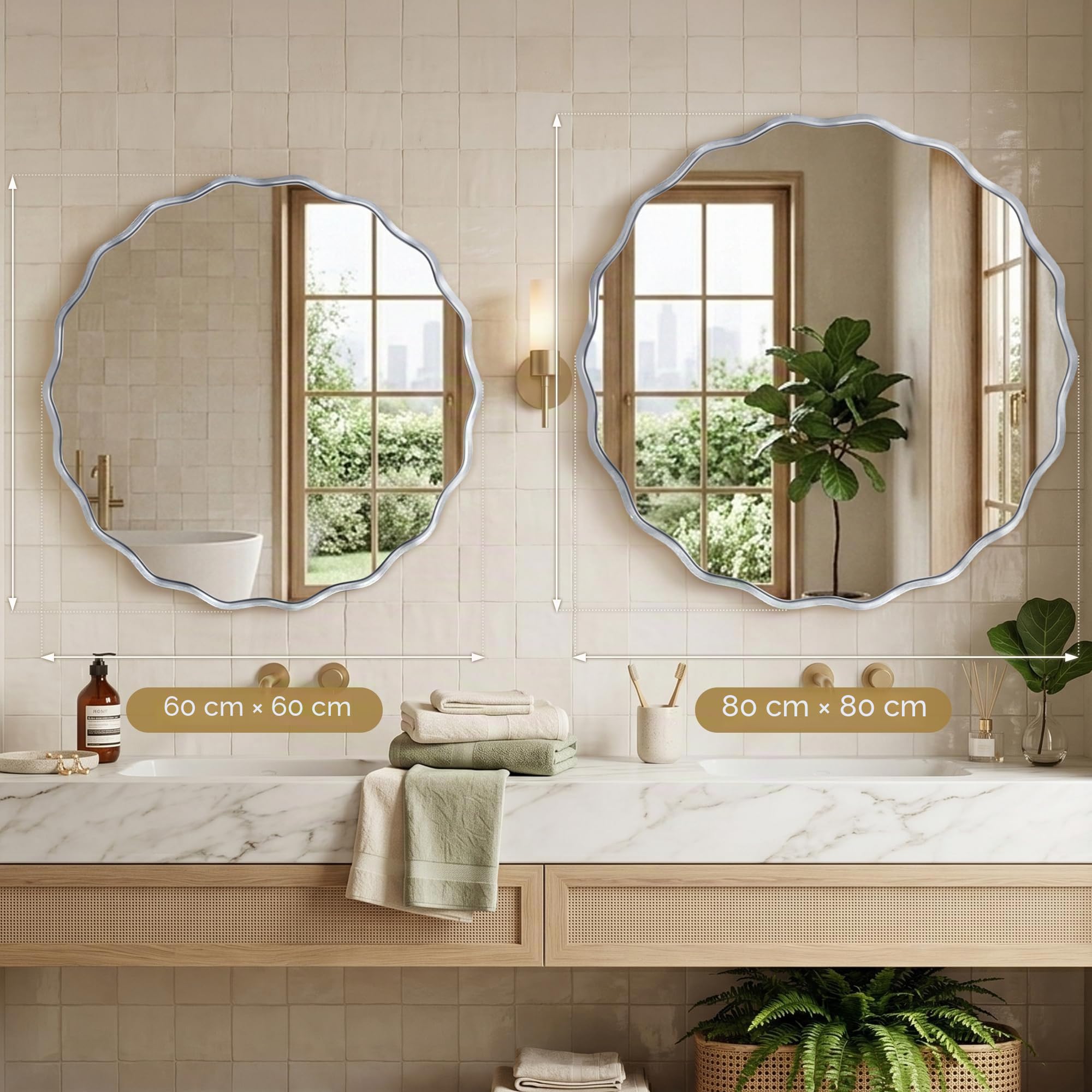 Fahomiss Wavy Runder Wandspiegel mit gebürstetem Aluminiumrahmen & gehärtetem Sicherheitsglas für Badezimmer, Flur & Wohnzimmer 9