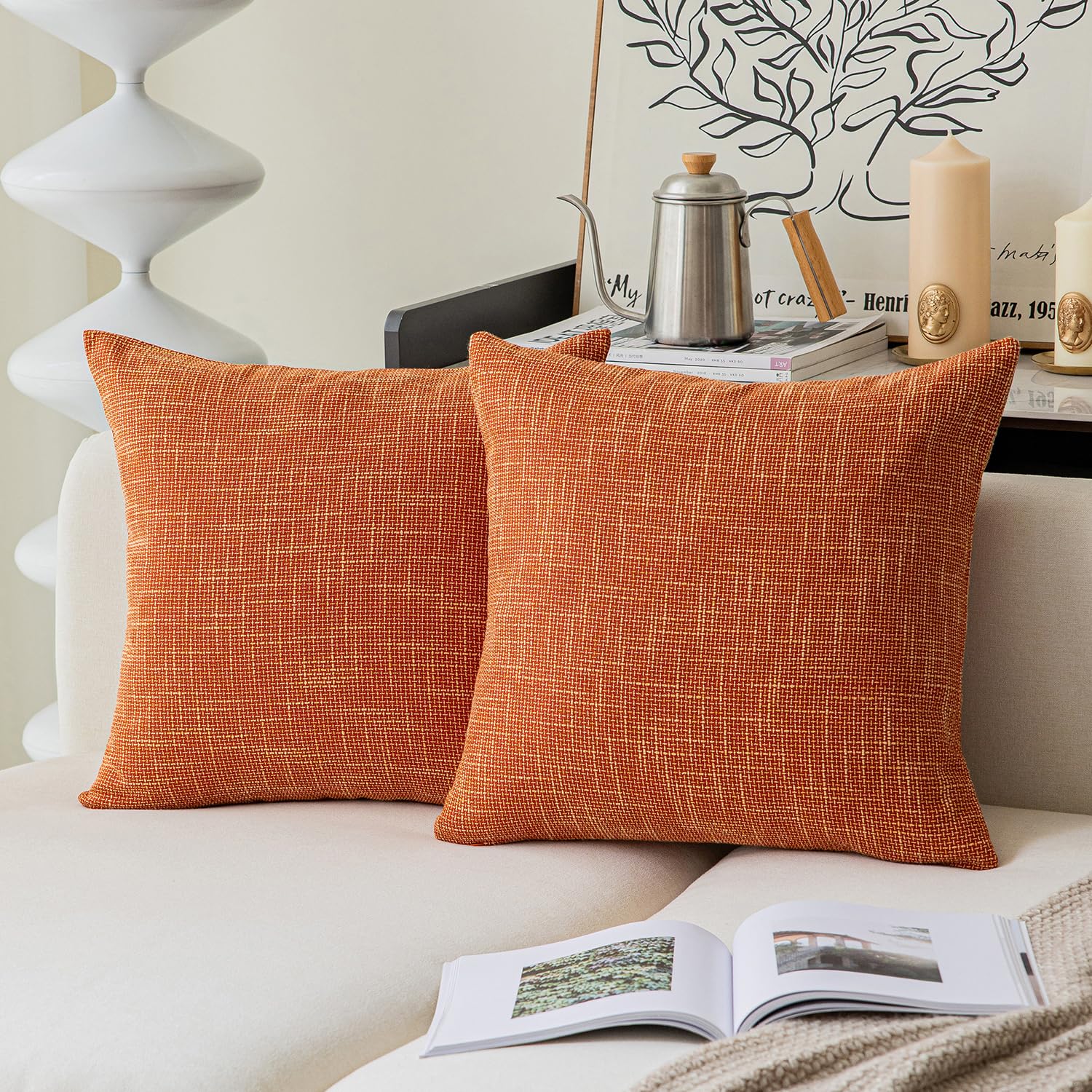 Photo 1 of Kevin Textile Fall Pillow Covers Linen European Throw Pillow Sham Super Soft Star Autumn Decorative Cushion Cover for Bench, 20"x20" (50x50cm), Orange
