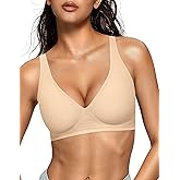 OEAK Womens Deep V Bras Comfortable Bra Support Push Up Bralettes Low Cut no Underwire Bra Plunge Seamless Tshirts Bras Beige XXL