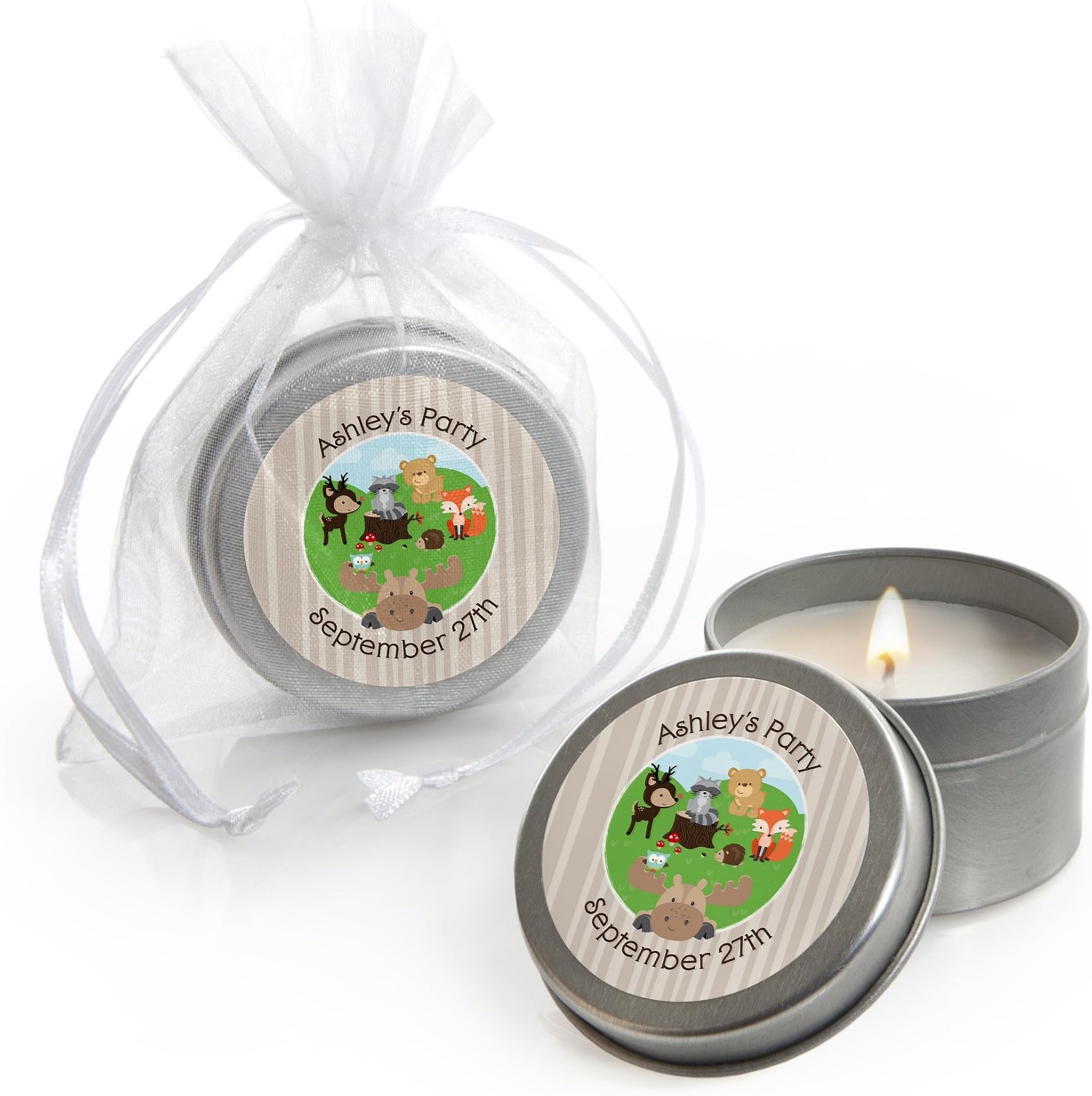 Custom Woodland Creatures - Personalized Candle Tins Baby Shower Favors - Set of 12