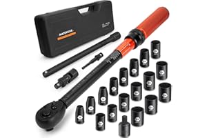MATEWORK 1/2-Inch Drive Torque Wrench Set 22PCS, 10-180FT.LB/13.6-244.1Nm, Click Torque Wrench Socket Set, 72-Tooth Dual-direction, ±3% Precision Adjustable Torque Wrench for Lug Nut, Bicycle, Moto, Car