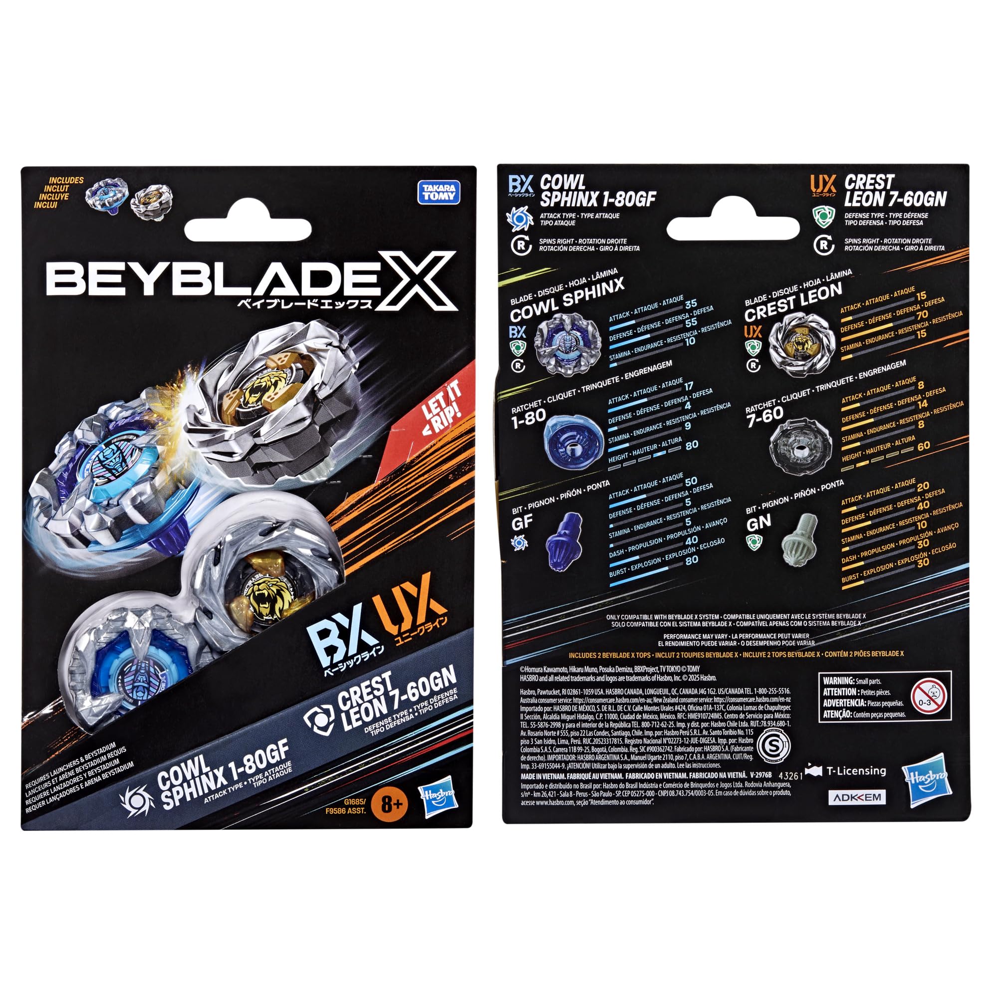 Beyblade X Cowl Sphinx 1-80GF BX & Crest Leon 7-60GN UX Dual Pack Set with 2 Right-Spinning Tops; Authentic Takara Tomy Battle Tops; Games/Toys for Boys & Girls 8+