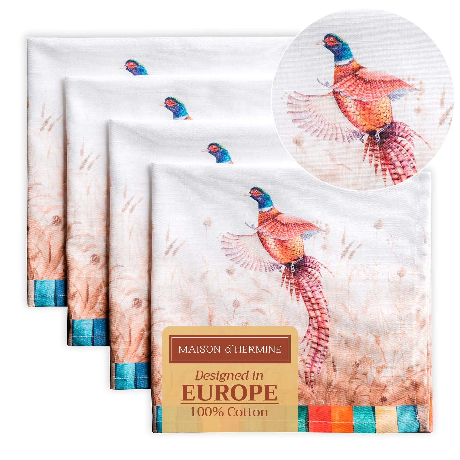 Maison d' Hermine Cloth Napkins Set of 4 100% Cotton for Christmas Decorations Everyday Reusable Square Autumn Napkins Cloth Washable Dinner Party Wedding (Faisan D'Automne, 45 CM x 45 CM)