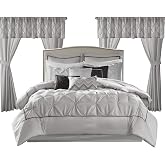 Madison Park Essentials Room in a Bag Faux Silk Comforter Set - Luxe Diamond Tufting All Season Bedding, Matching Curtains, Decorative Pillows, Grey Queen(90"x90") 24 Piece