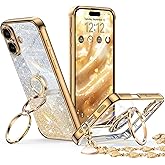 XYZ for iPhone 17 Case with Stand, Phone Case with Double Ring Kickstand, Women Girls Bling Luxury Glitter Clear Phone Case Cover Heart for Apple 17, Gold