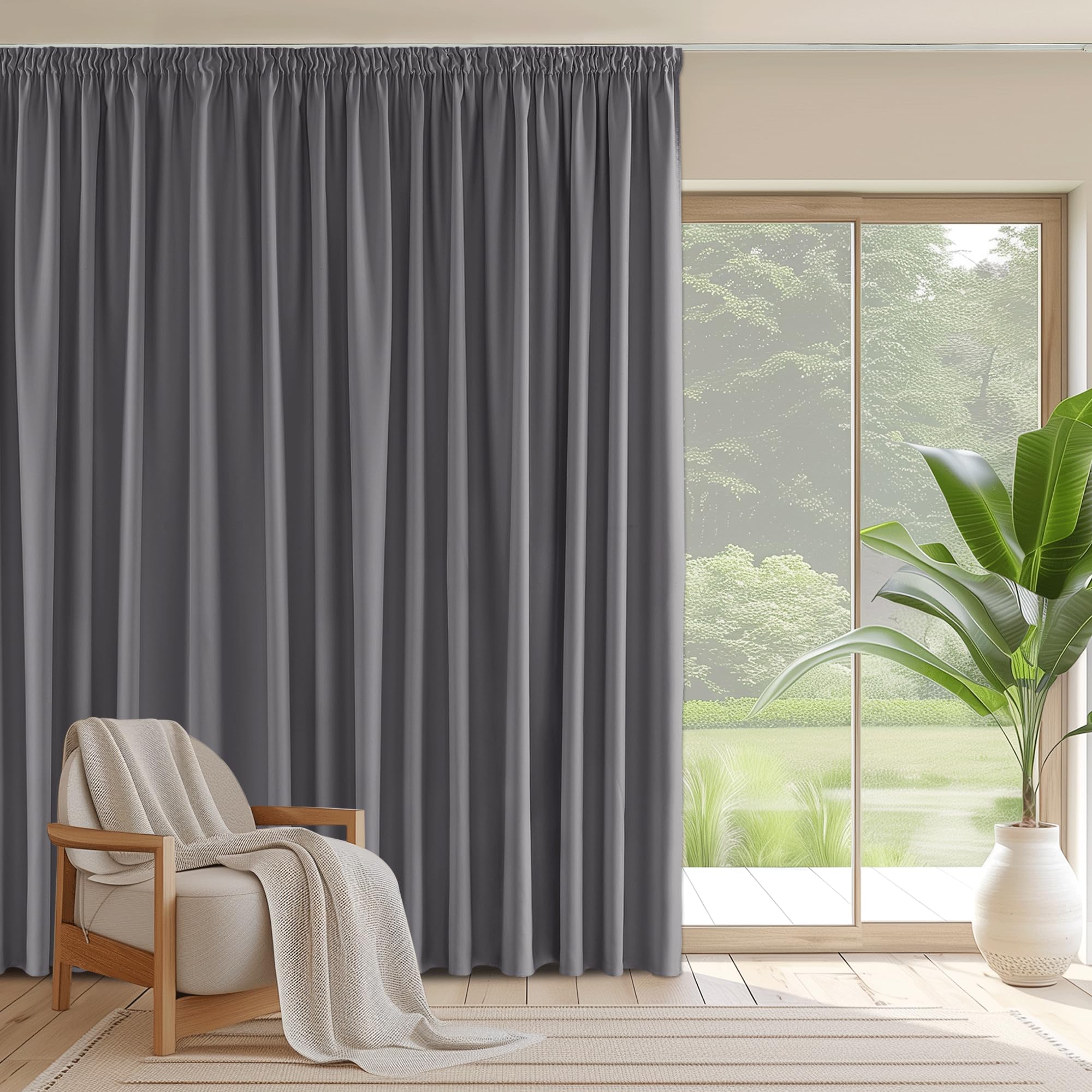 PONY DANCE Pencil Pleat Extra Wide Long Curtain and Thermal Insulated Blackout Curtains & Drapes for Bedroom 79 x 96 Inch Room Divider Energy Saving Privacy Panel for Hotel, 1 Piece, Grey