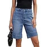 luvamia Bermuda Shorts for Women High Waisted Trendy Patch Pocket Casual Vintage Long Stretchy Denim Shorts Summer Jorts