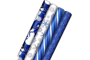 HALLMARK Image Arts Blue Christmas Wrapping Paper with Cut Lines on Reverse (4 Rolls: 120 sq. ft. ttl) Snowmen, Snowflakes, Blue and White Stripes