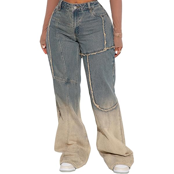 Famnbro Womens Cargo Jeans Y2K Gradient Color Baggy High Waisted