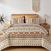 Dinjoy Boho King Size Bed in A Bag 7 Pieces,Yellow Brown Comforter Set Aztec Striped Fall Bedding Set Patchwork Complete Set Geometric Pattern Comforters for Women 90"×104"