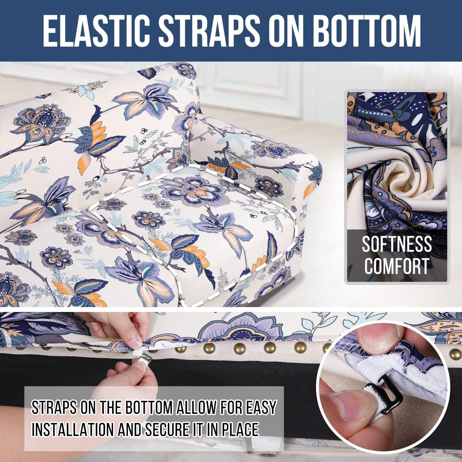 hyha Printed Couch Cover for 3 Cushion Couch - Floral Pattern Sofa Cover with Separate Cushion Cover, 4 Pieces Stretch Sofa Slipcover Washable Furniture Protector (Sofa, Vintage Flower): Home & Kitchen