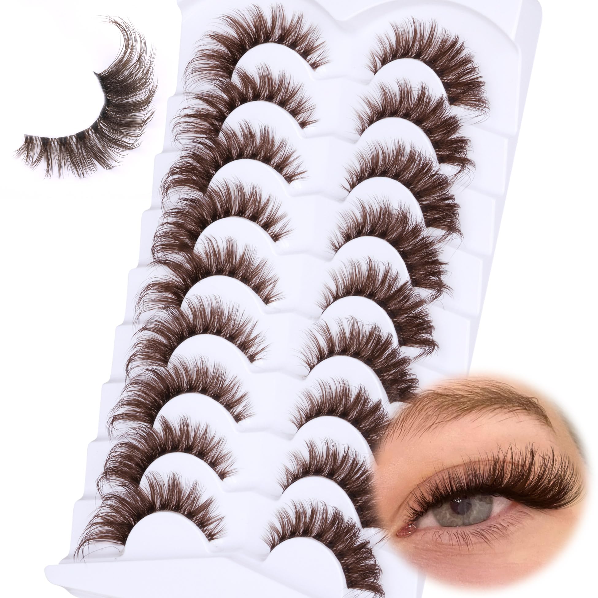 Fluffy Brown Eyelashes Cat Eye Lashes Wispy False Lashes Clear Band Fox Eye Strips Lashes 20MM Fluffy Fox Eye Eyelashes Thick Brown Lashes Long Fake Lashes 9 Pairs by Zegaine