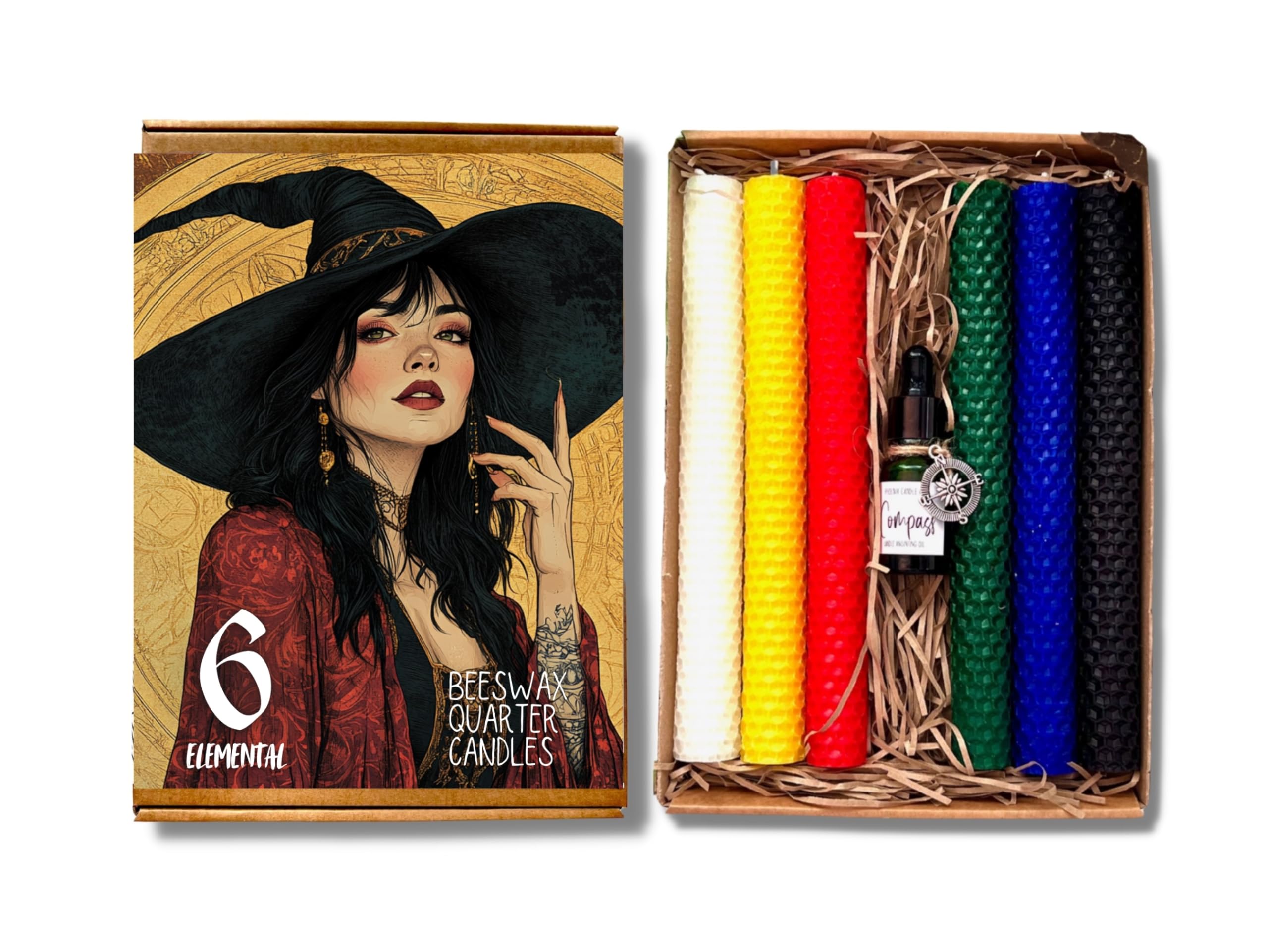 Phoenix Candle Company - Large Beeswax Elemental Quarter Candles Set with Compass Anointing Oil - 6 Count - Hand-Rolled - Assorted Colours