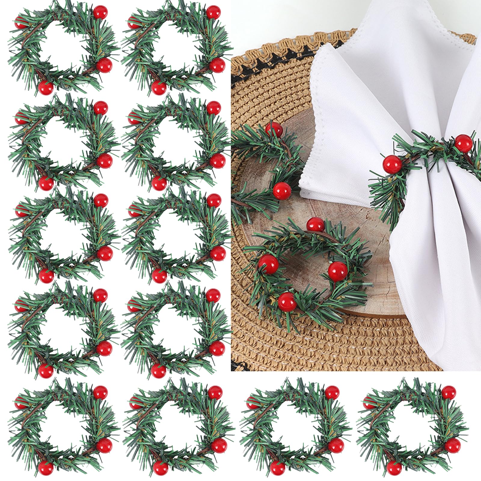 Photo 1 of 12 Pieces Christmas Napkin Rings Needles Wreath Pines Red Berries Live-Like Handmade Candle Ring Wreaths Holder Serviette Buckle for Gathering Xmas Wedding Thanksgiving Valentine's Birthday Party