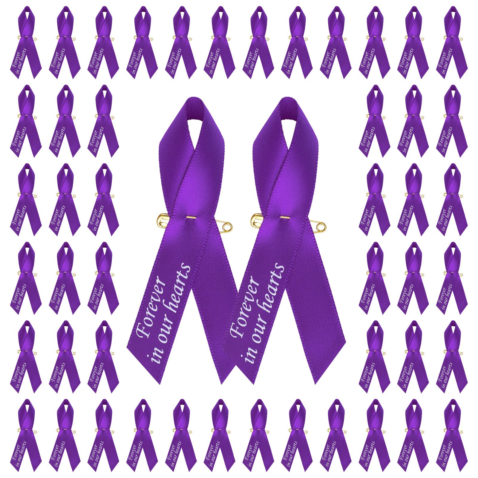 CRAFFANCY 100 PCS Purple Satin Ribbon Pins, Memorial Ribbon Brooches in Forever in Our Hearts for Funeral Mourning Event Bereavement Remembrance