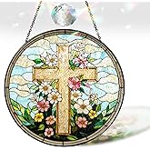 7.8" Christian Cross Wildflower Stained Glass Suncatcher, Thank You Card with Bible Verse, Spiritual Floral Suncatcher Window Hanging, Religious Faith Gift for Women Mom, Prayer Room Decor ART-09E