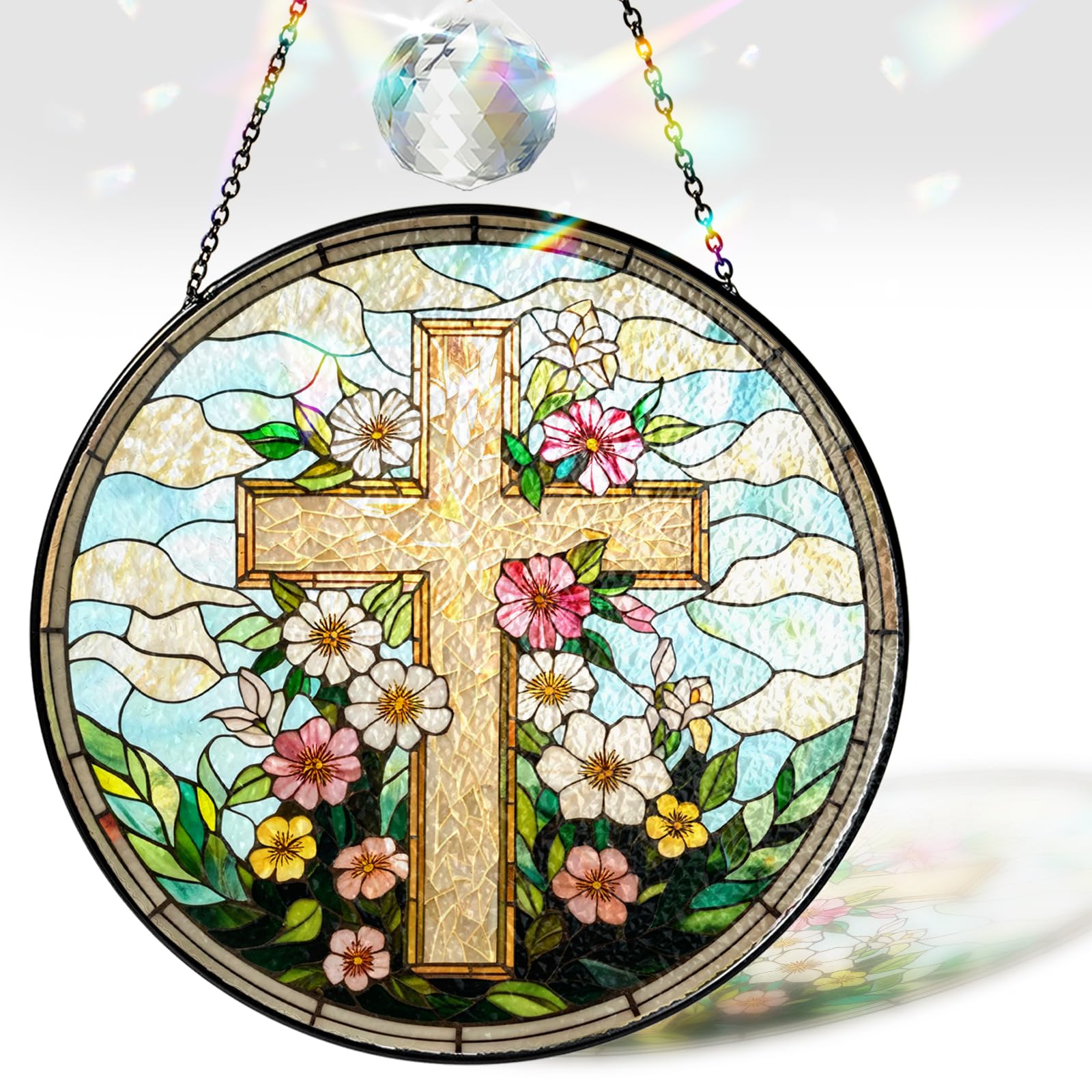 Photo 1 of 7.8" Christian Cross Wildflower Stained Glass Suncatcher, Thank You Card with Bible Verse, Spiritual Floral Suncatcher Window Hanging, Religious Faith Gift for Women Mom, Prayer Room Decor ART-09E