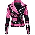 RISISSIDA Women Faux Leather Jacket Studded Rivet Spring Fall Winter Fashion, Moto Biker Trendy Clothes Streetwear Belted